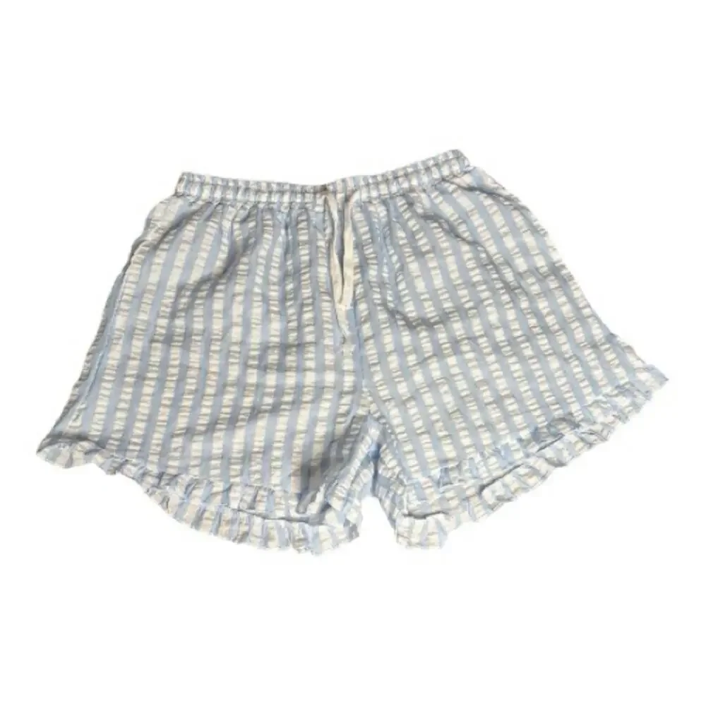 Blue White Striped Ruffle Hem Drawstring Shorts Large
